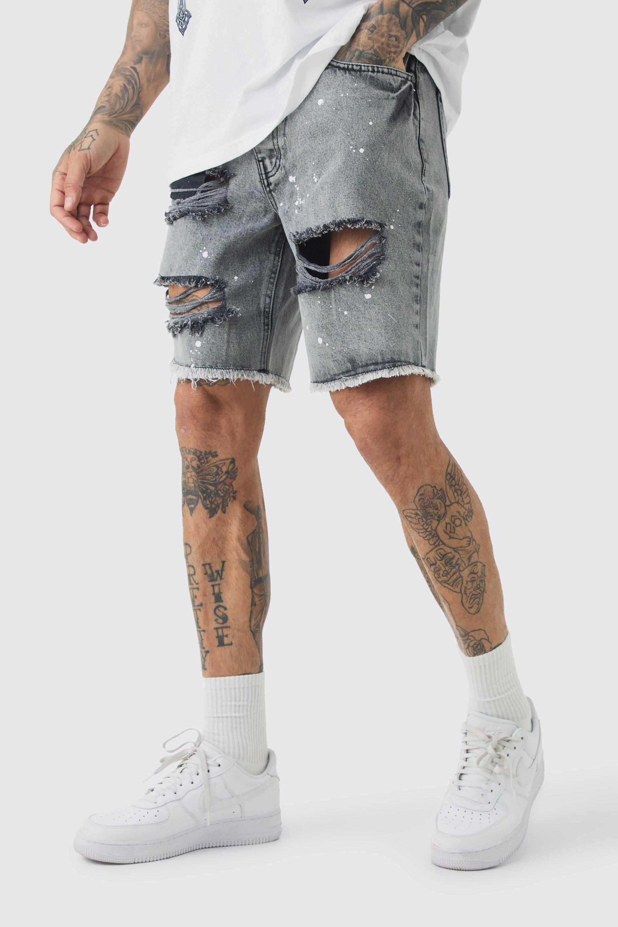 Mens Tall Slim Rigid Ripped Paint Splatter Denim Shorts In Ice Grey, Grey